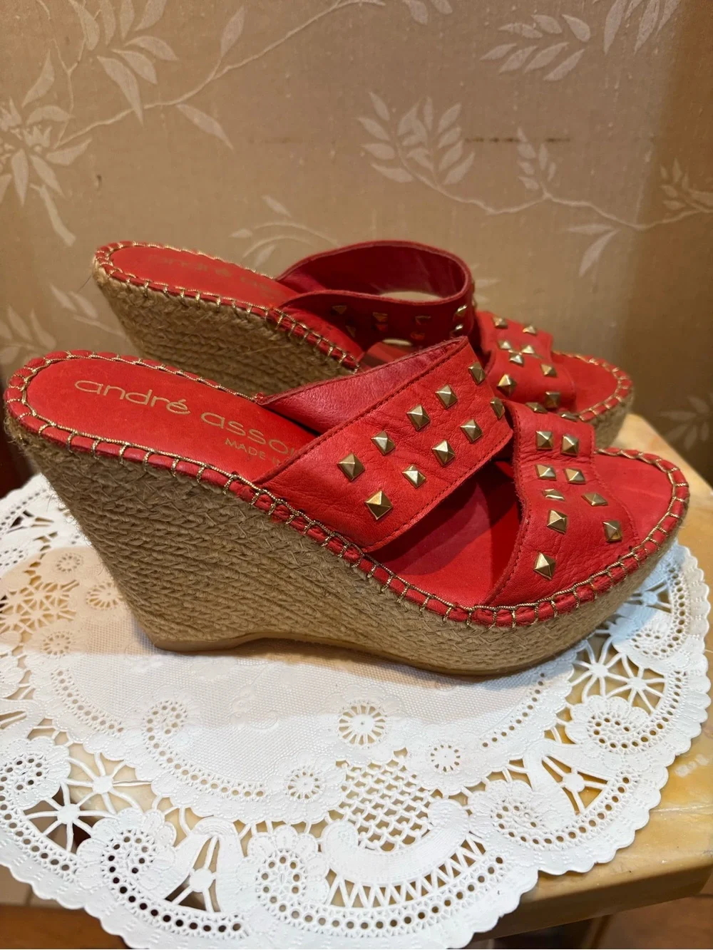Andre Assous Red Studded Espadrille Wedge Sandals